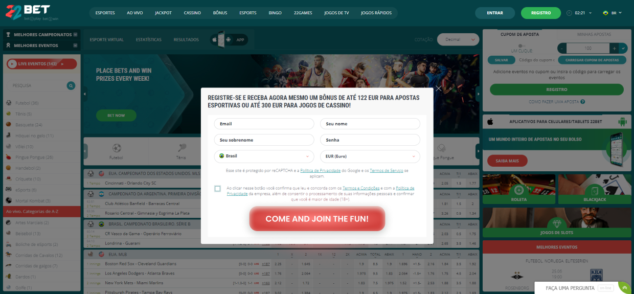 22bet Etapas de registro